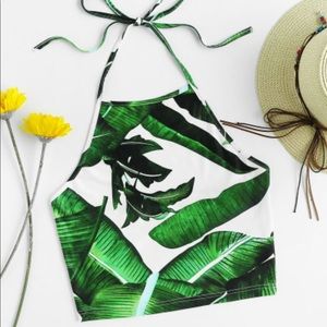 Leaf print self-tie top